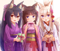  3girls :d animal_ear_fluff animal_ears bag black_hair blue_eyes blush box brown_background brown_eyes brown_hair cat_ears closed_mouth commentary_request floral_print flower folded_ponytail fox_ears fox_girl fox_tail gift gift_bag gift_box gradient_background hair_between_eyes hair_flower hair_ornament hakama hakama_skirt hands_up heart-shaped_box highres holding holding_bag holding_gift iroha_(iroha_matsurika) japanese_clothes kimono koyoi_(iroha_(iroha_matsurika)) kunoichi-chan_(iroha_(iroha_matsurika)) long_hair long_sleeves looking_at_viewer miko multiple_girls mutsuki_(iroha_(iroha_matsurika)) oerba_yun_fang open_mouth original pink_flower pink_kimono print_kimono purple_hakama purple_kimono red_hakama skirt smile tail tail_raised very_long_hair white_background white_hair white_kimono wide_sleeves 