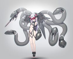  absurdres arms_behind_back blade bound bound_arms breasts bridal_legwear earrings english_commentary female floating full_body grey_background head-mounted_display highres jewelry long_hair mecha_musume mechanical_tentacles navel oota_youjo original plantar_flexion pointy_ears revealing_clothes science_fiction small_breasts solo tube white_hair 