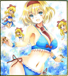  4girls :d :o alice_margatroid bad_id bad_twitter_id bikini blonde_hair blue_eyes blue_kimono bow breasts cleavage commentary_request doll_joints hairband hairbow hajike_akira japanese_clothes joints kimono lolita_hairband long_hair looking_at_viewer multiple_girls navel open_mouth red_bow shanghai_doll side-tie_bikini_bottom smile stomach swimsuit touhou traditional_media 