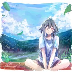  arsum0731 black_hair black_shorts blue_sky closed_mouth cloud cloudy_sky female fu_hua fu_hua_(herrscher_of_sentience) highres honkai_(series) honkai_impact_3rd indian_style long_hair looking_at_viewer mountainous_horizon one_eye_closed outdoors ponytail red_eyes shirt short_sleeves shorts sitting sky solo white_shirt 