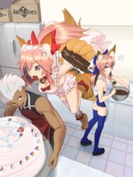  1boy 2girls absurdres ahoge animal_ear_fluff animal_ears animal_hands anniversary apron archer_(fate) ass bell blue_ribbon blue_thighhighs blush breasts brown_eyes cat_hair_ornament cat_paws chaldea_uniform chocolate chocolate_making cleavage collar cooking cream dark-skinned_male dark_skin fangs fate/extra fate/grand_order fate_(series) fox_ears fox_girl fox_tail fujimaru_ritsuka_(female) gloves hair_ornament hair_ribbon hair_scrunchie highres jacket jingle_bell kitchen large_breasts long_hair mixing_bowl multiple_girls naked_apron neck_bell open_mouth orange_eyes orange_hair orange_scrunchie panties parody paw_gloves paw_shoes pink_hair ponytail red_ribbon ribbon riyo_(lyomsnpmp)_(style) saint_quartz_(fate) saint_quartz_fragment scrunchie shoes side_ponytail sideboob stellated_octahedron style_parody tail tamamo_(fate) tamamo_cat_(fate) tamamo_cat_(third_ascension)_(fate) tamamo_no_mae_(fate/extra) thighhighs underwear user_kwnk4583 whisk white_apron white_hair white_jacket white_panties yellow_eyes 