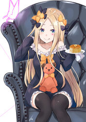  abigail_williams_(fate) absurdres black_bow black_dress black_thighhighs blonde_hair blue_eyes bow breasts dress fate/grand_order fate_(series) female food forehead hairbow highres long_hair multiple_hair_bows off-shoulder_dress off_shoulder orange_bow pancake parted_bangs plate polka_dot polka_dot_bow saku_(kudrove) sitting sleeves_past_fingers sleeves_past_wrists small_breasts solo stuffed_animal stuffed_toy teddy_bear thighhighs thighs 