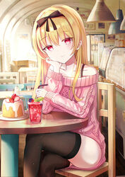  aran_sweater arifureta_shokugyou_de_sekai_saikyou bare_shoulders bendy_straw black_bow black_hairband black_ribbon black_thighhighs blonde_hair blurry blurry_background blush bow breasts cable_knit cafe cake ceiling_light chair closed_mouth collarbone commentary crossed_legs cup dress drink drinking_glass drinking_straw feet_out_of_frame female food fruit hair_between_eyes hair_ribbon hairband hairbow hand_on_own_face has_bad_revision has_downscaled_revision highres holding indoors iren_lovel long_hair long_sleeves looking_at_viewer md5_mismatch off-shoulder_sweater off_shoulder on_chair photoshop_(medium) pink_sweater plate red_eyes resolution_mismatch ribbon sitting sleeves_past_wrists smile solo source_smaller strawberry sweater sweater_dress table thighhighs very_long_hair yue_(arifureta) 