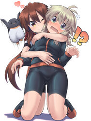  !? 2girls ;) antenna_hair bike_shorts bird black_footwear black_jacket black_shorts breasts brown_hair character_request closed_mouth commentary_request commission flying_sweatdrops green_eyes hair_between_eyes head_tilt heart highres hijikata-san_(m.m) hug hug_from_behind jacket kneeling koshirae_tsurugi_(m.m) long_hair long_sleeves m.m multiple_girls one_eye_closed open_mouth original penguin puffy_short_sleeves puffy_sleeves red_eyes red_shirt shadow shirt shoes short_shorts short_sleeves shorts skeb_commission small_breasts smile speed_lines track_jacket very_long_hair wavy_mouth yuri 