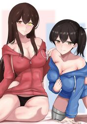  2girls absurdres akagi_(kancolle) akagi_kai_ni_(kancolle) all_fours alternate_costume black_panties blue_jacket breasts brown_eyes brown_hair cleavage heterochromia highres hood hooded_jacket hoodie jacket kaga_(kancolle) kaga_kai_ni_(kancolle) kantai_collection ken_(shutenndouji1) large_breasts long_hair multiple_girls panties red_jacket side_ponytail straight_hair underwear yellow_eyes 