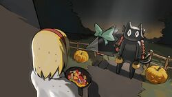  &lt;o&gt;_&lt;o&gt; alice_margatroid alternate_costume animal_ears basket blonde_hair bow bowl braid cat_ears cat_tail crow_(nichijou) english_commentary female fence full_body green_bow hair_ribbon hairband halloween halloween_bucket halloween_costume highres holding holding_basket holding_bowl jack-o&#039;-lantern kaenbyou_rin kaenbyou_rin_(cat) multiple_tails nervous_sweating nichijou night pumpkin red_hair red_hairband reiuji_utsuho reiuji_utsuho_(bird) ribbon sakamoto_(nichijou) shadow short_hair standing sweat tail teasmacker third_eye touhou tress_ribbon twin_braids two_side_up two_tails 