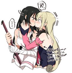  ... 2girls absurdres arrow_(symbol) bad_id bad_twitter_id bandaged_arm bandages black_hair blonde_hair blush detached_sleeves ear_blush eye_contact highres kissing long_hair looking_at_another magilou_(tales) mizin_kosutin multiple_girls simple_background spoken_ellipsis tales_of_(series) tales_of_berseria translation_request velvet_crowe white_background yellow_eyes yuri 