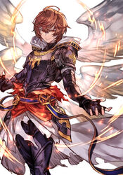  1boy angel_wings armor black_gloves breastplate brown_hair fingerless_gloves gloves granblue_fantasy hair_between_eyes hungry_clicker looking_at_viewer male_focus messy_hair pauldrons red_eyes sandalphon_(granblue_fantasy) short_hair shoulder_armor smile solo wings 