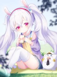  animal animal_ears azur_lane black_necktie black_skirt blurry blurry_foreground collared_shirt commentary day depth_of_field feline female food frilled_skirt frills green_footwear hair_between_eyes hairband hat holding holding_food jacket knees_up kokone_(coconeeeco) laffey_(azur_lane) long_hair long_sleeves meowfficer_(azur_lane) military_hat necktie open_clothes open_jacket outdoors panties peaked_cap pleated_skirt purple_jacket rabbit_ears red_eyes red_hairband sandwich shirt shoes sitting skirt striped_clothes striped_panties thighhighs twintails underwear very_long_hair white_hair white_headwear white_shirt white_thighhighs 