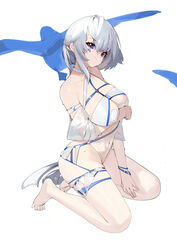  absurdres alchemy_stars arm_between_breasts azure_(alchemy_stars) azure_(warm_night_air)_(alchemy_stars) bare_shoulders barefoot between_breasts blue_eyes breasts casual_one-piece_swimsuit cleavage closed_mouth covered_navel detached_sleeves feet female full_body grey_hair heart_pasties highres kneeling large_breasts legs looking_at_viewer o-ring o-ring_swimsuit one-piece_swimsuit pasties prossss sidelocks skindentation smile solo swimsuit thigh_strap toes wet white_background wristband 