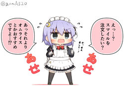  alternate_costume apron black_dress black_thighhighs blue_eyes bow bowtie chibi commentary_request crescent crescent_hair_ornament crescent_pin dress enmaided female frilled_apron frills full_body goma_(yoku_yatta_hou_jane) hair_ornament kantai_collection maid maid_headdress notebook open_mouth pen purple_hair red_bow red_bowtie short_hair short_hair_with_long_locks simple_background solo standing thighhighs translation_request twitter_username waitress wavy_mouth white_apron white_background yayoi_(kancolle) 