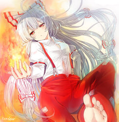  artist_name barefoot blurry blush bow breasts closed_mouth collared_shirt female fire fujiwara_no_mokou grey_hair hair_between_eyes hairbow hand_up highres long_hair long_sleeves looking_at_viewer medium_breasts multicolored_bow pants puffy_sleeves ramudia_(lamyun) red_bow red_eyes red_pants shirt sidelocks simple_background soles solo toes touhou white_background white_bow white_shirt 