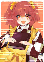  absurdres apron bad_id bad_pixiv_id bell book checkered_clothes checkered_kimono checkered_shirt commentary_request female frilled_apron frills hair_bell hair_ornament highres holding japanese_clothes jingle_bell kimono motoori_kosuzu mutou_(tomu10080) open_mouth red_eyes red_hair shirt short_hair solo touhou twintails two_side_up upper_body yellow_apron 