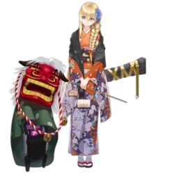  bag blonde_hair blue_eyes braid braided_ponytail dinergate_(girls&#039;_frontline) female floral_print flower full_body girls&#039;_frontline hair_flower hair_ornament handbag human_tower japanese_clothes kimono lion_dance looking_at_viewer looking_down mg3_(girls&#039;_frontline) mg3_(new_year_lion_dance)_(girls&#039;_frontline) multicolored_clothes multicolored_kimono new_year non-humanoid_robot obi official_alternate_costume official_art orange_kimono purple_kimono robot sandals sangvis_ferri sash scarf shishimai single_braid smile socks solo stacking touko_(kira2yue) transparent_background weapon_case 