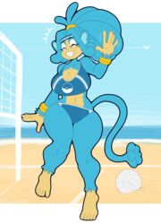  2022 5_fingers 5_toes absurd_res anthro ball beach big_breasts breasts cleavage closed_eyes clothed clothing feet female fingers generation_5_pokemon hi_res mammal mehdrawings net nintendo outside pokemon pokemon_(species) primate seaside shelly_(mehdrawings) simipour smile solo toes volleyball_(ball) volleyball_net 