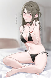  absurdres bangs bed bikini black_bikini black_hair blurry blurry_background blush breasts crossed_legs eyebrows_visible_through_hair female full_body highres large_breasts medium_hair mole mole_under_eye on_bed original parted_lips red_eyes side-tie_bikini sitting solo swimsuit thighs translation_request xretakex 