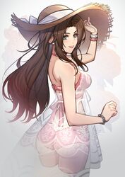  aerith_gainsborough aerith_gainsborough_(sunny_robe) ass bikini blush breasts brown_hair commentary dress english_commentary female final_fantasy final_fantasy_vii final_fantasy_vii_ever_crisis forehead from_behind green_eyes grin hat highres lips long_hair looking_at_viewer lukrevadraws medium_breasts official_alternate_costume pink_bikini pink_lips see-through see-through_dress sidelocks smile solo straw_hat sun_hat swimsuit white_background 