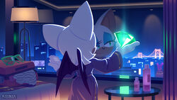  animal_ears bat_ears bat_girl bat_wings bed blue_eyeshadow chaos_emerald city eyelashes eyeshadow female furry furry_female glowing green_eyes hotel_room lamp makeup night official_art reflection robe rouge_the_bat smile solo sonic_(series) suitcase sunglasses table uno_yuuji window wings 