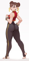  alternate_color ass bare_shoulders bracelet breasts brown_eyes brown_hair brown_lips cheshirrr chun-li double_bun earrings feet female full_body hair_bun highres jewelry looking_at_viewer medium_breasts nail_polish player_2 short_hair simple_background smile soles solo spikes standing street_fighter street_fighter_zero_(series) toeless_legwear toenail_polish toenails toes white_background 