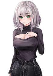  absurdres arm_at_side bad_id bad_twitter_id black_pants black_sweater blush braid breasts cleavage cleavage_cutout clothing_cutout cowboy_shot female green_eyes grey_hair hand_on_own_chest hand_up highres hololive korean_commentary large_breasts long_sleeves looking_at_viewer medium_hair meme_attire mookie_(e_mook9) open-chest_sweater pants parted_lips shirogane_noel simple_background single_braid solo sweatdrop sweater virtual_youtuber wavy_hair white_background zipper zipper_pull_tab 