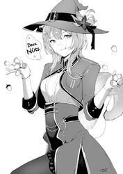  absurdres acorn ayunda_risu ayunda_risu_(3rd_costume) breasts deez_nuts_(meme) english_commentary female gloves greyscale hat hat_leaf high-waist_skirt highres holding hololive hololive_indonesia jacket lynus medium_breasts medium_hair meme monochrome skirt smile solo squirrel_girl squirrel_tail tail virtual_youtuber witch_hat 