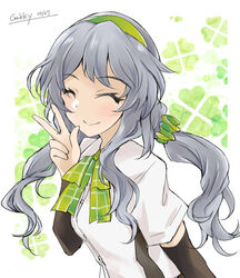  alternate_hairstyle arm_warmers bow bowtie breasts clover_background collared_shirt dress_shirt female gakky green_bow green_bowtie green_hairband grey_eyes grey_hair hairband kantai_collection long_hair long_sleeves low_twintails one-hour_drawing_challenge plaid plaid_bow plaid_bowtie shirt short_sleeves sidelocks smile solo twintails upper_body v wavy_hair white_background white_shirt yamagumo_(kancolle) 