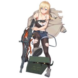  ammunition_box aran_sweater black_pantyhose blonde_hair blue_eyes boots braid breasts cable_knit camisole cleavage colored_shoe_soles damaged defeat denim denim_shorts dog_tags female full_body girls&#039;_frontline gun hair_between_eyes hair_ornament hair_ribbon hairclip holding holding_gun holding_weapon jewelry large_breasts looking_at_viewer machine_gun mg3 mg3_(girls&#039;_frontline) mg3_(urban_holiday)_(girls&#039;_frontline) midriff necklace off-shoulder_shirt off_shoulder official_alternate_costume official_art pantyhose parted_lips ribbon shirt shoe_soles short_shorts shorts single_braid solo strap_slip suspenders sweater torn_clothes torn_pantyhose torn_shirt touko_(kira2yue) transparent_background tucking_hair weapon 