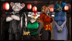  2022 3d_(artwork) 5_fingers anthro armwear asian_clothing avian big_breasts bird bottomwear breasts chicken chinese_clothing chinese_dress claws clothed clothing coat coat_cape crossed_arms digital_media_(artwork) dragon dress east_asian_clothing eastern_dragon elbow_gloves feathers felid female finger_claws fingerless_gloves fingers fur galliform gallus_(genus) gloves green_body green_scales group hair hand_on_shoulder handwear humanoid_hands isu_(petruz) jun_(petruz) male mammal multicolored_body multicolored_fur murid murine mythological_creature mythological_scalie mythology orange_body orange_fur orange_hair pantherine pants petruz_(copyright) phasianid purple_hair rat reindeerviking ren_(petruz) reyhuang_(petruz) rodent scales scalie source_filmmaker_(artwork) tiger topwear two_tone_body two_tone_fur white_body white_feathers white_fur white_hair 