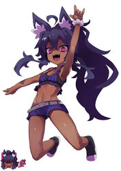  :d absurdres ahoge animal_ear_fluff animal_ears arm_up armpits belt borrowed_character breasts brown_kemomimi-chan_(krr) commentary_request commission dark-skinned_female dark_skin dungeon_and_fighter fangs female full_body highres korean_commentary linea_alba long_hair looking_at_viewer micro_shorts midriff navel open_fly open_mouth original pink_eyes purple_hair rtari scrunchie sharp_teeth shorts simple_background slit_pupils small_breasts smile solo teeth upper_teeth_only white_background wrist_scrunchie 