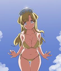  bikini blonde_hair blue_eyes blush breasts cleavage cloud collarbone commentary_request cowboy_shot day dot_nose double_bun female fletcher_(kancolle) from_above hair_bun hairband halterneck kantai_collection large_breasts long_hair looking_at_viewer navel open_hands outdoors side-tie_bikini_bottom sky solo string_bikini sweat swimsuit tamu_(mad_works) thigh_gap underboob yellow_bikini 