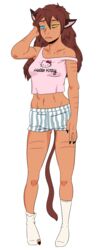  2021 akiric animal_humanoid arm_tuft belly_tuft biped blue_sclera boxers_(clothing) brown_ears brown_hair brown_tail cat_humanoid catra_(she-ra) clothed clothing crop_top cute_fangs elbow_tuft english_text felid felid_humanoid feline feline_humanoid female footwear freckles fur hair hello_kitty_(series) hi_res humanoid inner_ear_fluff long_hair mammal mammal_humanoid masters_of_the_universe mattel midriff nails netflix off_shoulder sanrio sharp_nails she-ra_(copyright) she-ra_and_the_princesses_of_power shirt simple_background socks solo standing striped_body striped_fur stripes tail tan_body tan_fur tank_top text topwear tuft underwear white_background yellow_sclera 