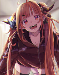  ahoge black_thighhighs blonde_hair breasts dragon_girl dragon_horns dragon_tail female hololive horns jacket kiryu_coco kiryu_coco_(loungewear) kyou_fumei large_breasts long_hair looking_at_viewer multicolored_hair open_mouth orange_eyes orange_hair orange_jacket pointy_ears smile solo streaked_hair tail thighhighs twintails virtual_youtuber zipper zipper_pull_tab 