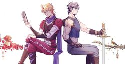  2boys alcohol bird blonde_hair blue_eyes blue_hair boots closed_mouth cross cross_necklace cup dio_brando drinking_glass ear_birthmark fingerless_gloves flower gloves hako_iix07 holding holding_sword holding_weapon jewelry jojo_no_kimyou_na_bouken jonathan_joestar luck_and_pluck male_focus multiple_boys muscular muscular_male necklace pants phantom_blood pocket_watch purple_scarf red_flower red_wine scarf serious shirt short_hair sitting smirk stone_mask_(jojo) sword watch weapon wine wine_glass 