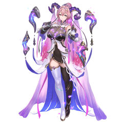  asymmetrical_footwear blush boots breasts closed_mouth commentary_request curled_horns dress earrings female fire_emblem fire_emblem_heroes floating floating_object full_body gloves goat_horns gradient_hair hair_ornament hairband hand_on_own_chest hand_up high_ponytail highres horns jewelry large_breasts light_smile long_hair looking_at_viewer mismatched_footwear multicolored_hair nerthuz_(fire_emblem) official_art petals pink_hair ponytail purple_eyes purple_hair shiny_clothes short_dress single_earring sleeveless solo standing thigh_boots thighs two-tone_hair veil very_long_hair white_background yoshiku_(oden-usagi) zettai_ryouiki 