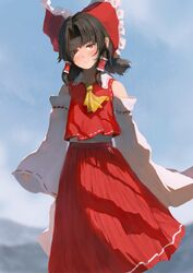  ascot bare_shoulders black_hair blue_sky blush bow brown_hair closed_mouth cloud cloudy_sky collared_vest detached_sleeves female fjsmu hair_ornament hair_tubes hakurei_reimu highres long_skirt long_sleeves looking_at_viewer mountain red_bow red_eyes red_skirt red_vest shaded_face shirt short_hair skirt sky smile solo standing tied_hair touhou vest white_shirt white_sleeves wide_sleeves yellow_ascot 