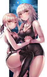  2girls absurdres artoria_pendragon_(fate) bad_id bad_pixiv_id belt black_legwear blonde_hair border braid breasts cleavage cloud fate/grand_order fate_(series) french_braid grey_hair highres holding_hands jeanne_d&#039;arc_alter_(fate) jeanne_d&#039;arc_alter_(ver._shinjuku_1999)_(fate) jewelry large_breasts lolita_fashion multiple_girls nano_(syoutamho) necklace night night_sky official_alternate_costume saber_alter saber_alter_(ver._shinjuku_1999)_(fate) short_hair sky tsurime white_belt white_border yellow_eyes yuri 