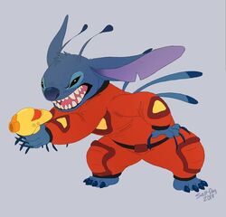  2018 4_arms 4_fingers 4_toes alien angry antennae_(anatomy) azthmutt back_spines black_eyes blue_body blue_claws blue_fur blue_nose claws clothed clothing dipstick_antennae disney experiment_(lilo_and_stitch) feet fingers fur head_tuft lilo_and_stitch multi_arm multi_limb multicolored_antennae narrowed_eyes notched_ear plasma_blaster_(lilo_and_stitch) plasma_gun ranged_weapon red_clothing sharp_teeth signature simple_background solo spacesuit squint stitch_(lilo_and_stitch) teeth toe_claws toes tuft weapon 