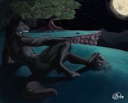  2009 anthro canid canine canis cliff digitigrade full_moon green_eyes male mammal mariart moon muscular night nude outside plant signature solo thundergrey tree wolf 