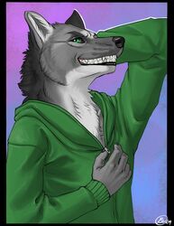  2009 canid canine canis clothing fangs fur green_eyes grey_body grey_fur hoodie jacket looking_at_viewer mammal mariart smile smirk teeth thundergrey topwear undressing_self wolf zipper 