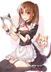  2girls :3 animal_ears apron black_dress blonde_hair blush boots breasts brown_eyes brown_hair cat_ears cat_tail chibi cleavage cleavage_cutout clothing_cutout collar commentary dress fake_animal_ears fake_tail feline frills full_body garter_straps hairband highres holding holding_hairband kemonomimi_mode looking_at_viewer maid maid_apron maid_headdress medium_breasts multiple_girls neck_ribbon neco-arc nervous_smile paw_pose puffy_sleeves ribbon shoes short_sleeves simple_background sitting skirt smile sweat tail thighhighs thighs tsukihime two_side_up waist_apron wariza wasa_(wanosabi) wavy_mouth worried wrist_cuffs yellow_eyes yumizuka_satsuki zettai_ryouiki 