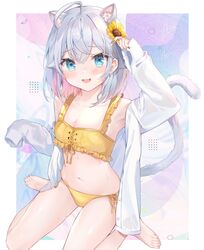  ahoge animal_ear_fluff animal_ears arm_up armpits barefoot bikini blue_eyes blue_hair blush bob_cut border breasts cat_ears cat_girl cat_tail collarbone cross-laced_clothes crossed_bangs earrings english_commentary extra_ears feet female fingernails flower frilled_bikini frills full_body grey_hair hair_flower hair_ornament highres indie_virtual_youtuber jewelry kagura_nana kemonomimi_mode legs long_fingernails long_sleeves looking_at_viewer medium_hair multicolored_hair multicolored_nails nail_art nana_kagura navel oerba_yun_fang off_shoulder open_clothes open_mouth open_shirt pink_hair purple_background shirt short_hair side-tie_bikini_bottom sidelocks sitting skin_fang sleeves_past_fingers sleeves_past_wrists small_breasts solo stomach streaked_hair sunflower sweatdrop swimsuit tail thighs toes virtual_youtuber wariza wet wet_clothes wet_shirt white_border white_shirt yellow_bikini 