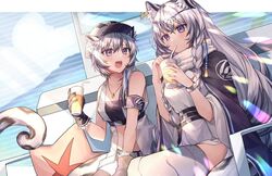  2girls animal_ear_fluff animal_ears arknights armband bandeau bare_arms bare_shoulders bead_necklace beads belt black_belt black_cape black_gloves braid cabbie_hat cape cliffheart_(arknights) commentary_request coyucom cup drinking_straw gloves grey_eyes grey_hair hair_between_eyes hands_up hat head_chain holding holding_cup jacket jewelry leopard_ears looking_at_another multiple_girls necklace open_mouth pramanix_(arknights) short_hair siblings sisters sitting sleeveless sleeveless_jacket snow_leopard_ears snow_leopard_girl snow_leopard_tail strapless thighhighs tube_top twin_braids white_headwear white_jacket white_thighhighs 