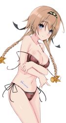  alternate_costume bikini black_headband braid breasts cleavage cowboy_shot female grey_eyes hair_ornament headband highres honma_(honmatomohiro) kantai_collection large_breasts leaning_forward light_brown_hair long_hair navel propeller_hair_ornament red_bikini side-tie_bikini_bottom simple_background solo stomach swimsuit teruzuki_(kancolle) twin_braids white_background 