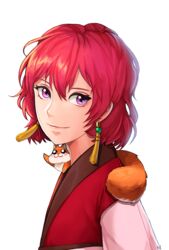  akatsuki_no_yona animal_on_shoulder earrings female jewelry looking_at_viewer n-i-s-s-i portrait purple_eyes red_hair short_hair simple_background solo white_background yona_(akatsuki_no_yona) 