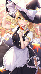  :d apron autumn_leaves black_dress blonde_hair bow braid buttons commentary_request dress female frilled_dress frills from_above hairbow hand_on_headwear hat hat_bow highres holding holding_leaf jyu-so kirisame_marisa leaf long_hair looking_at_viewer partial_commentary puffy_short_sleeves puffy_sleeves short_sleeves smile solo sunlight touhou waist_apron white_bow witch_hat yellow_eyes 