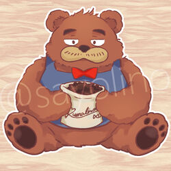  1:1 2023 anthro apron bear beverage black_nose bow_tie brown_body brown_fur clothing coffee fur kemono kumalino male mammal roast_(kumalino) sanrio sayolino sitting solo 