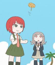  2girls :o alternate_hair_ornament black_jacket blunt_bangs blush commentary_request danganronpa_(series) danganronpa_2:_goodbye_despair day dress flying green_dress jacket koizumi_mahiru medium_hair multiple_girls namu_(nurui_cha) nanami_chiaki neck_ribbon necktie open_mouth outdoors own_hands_together palm_tree pink_eyes pink_hair pink_ribbon ribbon shirt short_hair short_sleeves smile thighhighs tree triangle_hair_ornament white_shirt zettai_ryouiki 