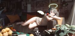  3d apple barefoot black_hair couch flowers food fruit halo orange_eyes rose signed thighhighs wings xtears_kitsune 