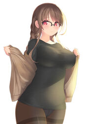  ahoge arima_senne black_pantyhose black_shirt blush braid breasts brown_hair female glasses highres jacket kashiwamochi_yomogi large_breasts lingerie long_hair original panties panties_under_pantyhose pantyhose red_eyes shirt simple_background smile solo sweater_jacket t-shirt thighband_pantyhose underwear 