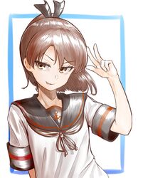  anchor_symbol black_sailor_collar blush brown_eyes brown_hair female highres kantai_collection ohaduke ponytail sailor_collar school_uniform serafuku shikinami_(kancolle) shikinami_kai_ni_(kancolle) short_hair short_sleeves smug solo upper_body 